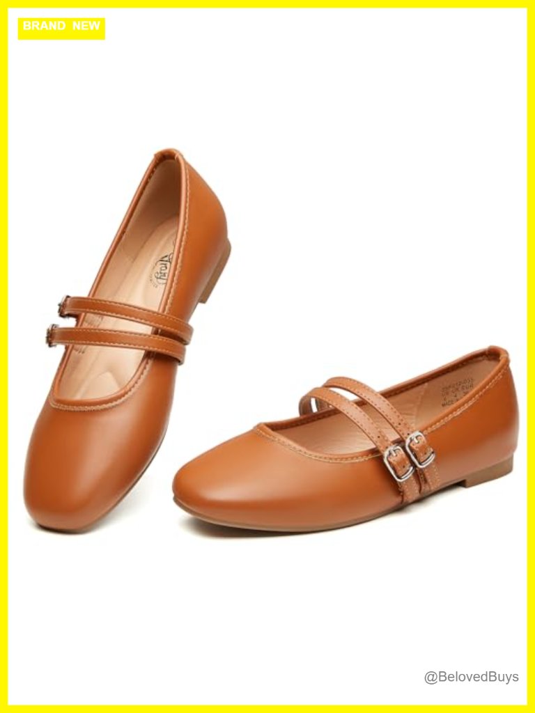 Women Mary Jane Flats Square Toe Pu Leather With Buckle Strap Slip On Comfort